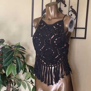 Crochet Fringe Crop Top Halter Mandala Nude Lined O/S